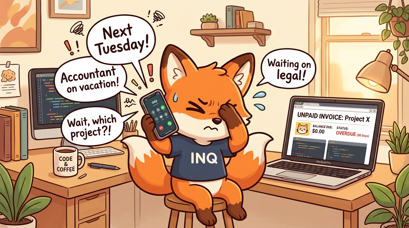 INQ Fox developer facepalming while middleman gives excuses like Next Tuesday and accountant on vacation