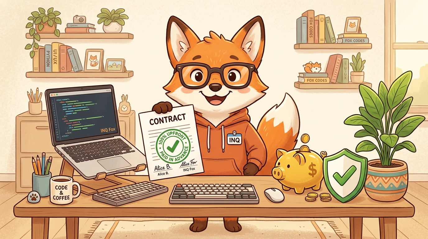 INQ Fox developer happily holding 100% Upfront Contract with green checkmark shield and piggy bank