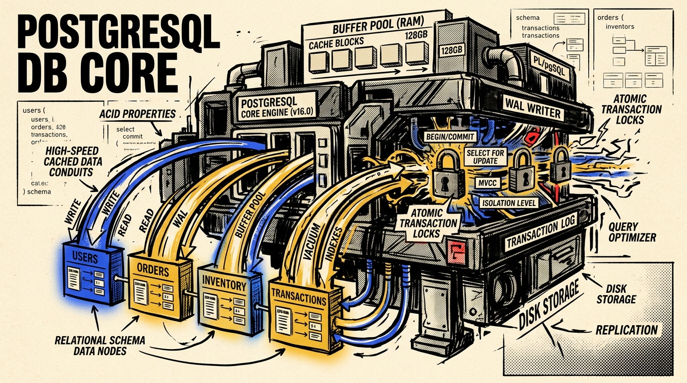 PostgreSQL database core engine with buffer pool and atomic locks